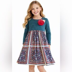 PinkVanilla Teal and Patterned Kids Dress with Red Floral Detail